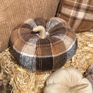 Large Plaid Brown and Tan Fabric Pumpkin